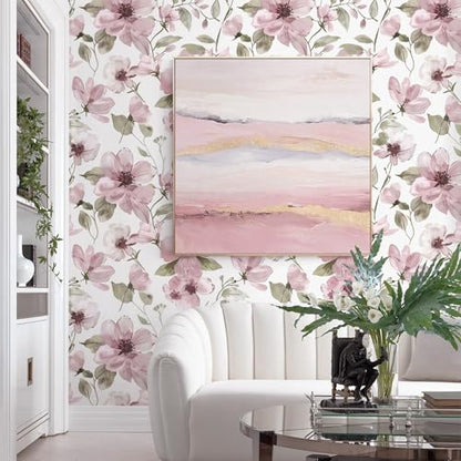 17.3''x78.7''Peel and Stick Wallpaper Boho Floral Contact Paper Pink Watercolor Flowers Leaf Wallpaper Removable Self-Adhesive Wall Paper for Bedroom Renter Friendly Vinyl