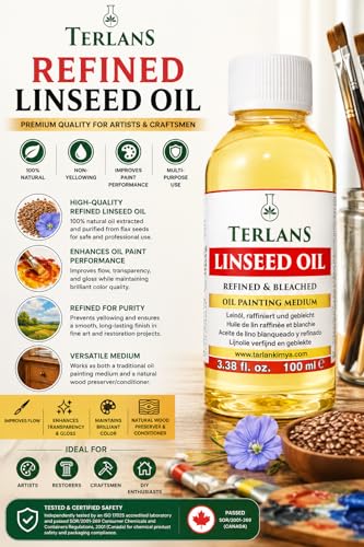 TERLANS Refined Linseed Oil 100 ml (3.38 Fl.Oz) – Oil Paint Thinner & Medium for Artists, Improves Flow, Transparency & Gloss, Non-Yellowing Natural Linseed Oil, Wood Preserver