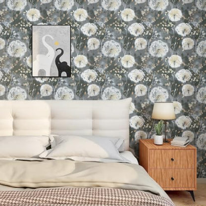Nukofal Dandelion Wallpaper Peel and Stick Floral Wallpaper 16.9"x118.1" - color: Dark Gray, size: 16.9" x 118.1"