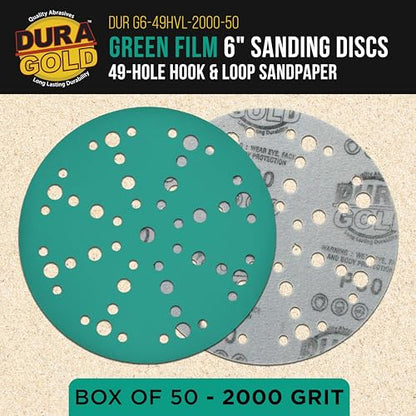 Dura-Gold 2000 Grit 6" Green Film Sanding Discs, 49-Hole Pattern, Box of 50 - style: 2000 Grit
