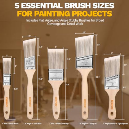 DEKOPRO Paint Brushes, 5-Piece Paint Brush Set with Wood Handle, Flat & Angle Paint Brushes for Walls, Trim, Cabinets & Detail Work, Interior & Exterior, Furniture, Latex and Oil Paints, Stains
