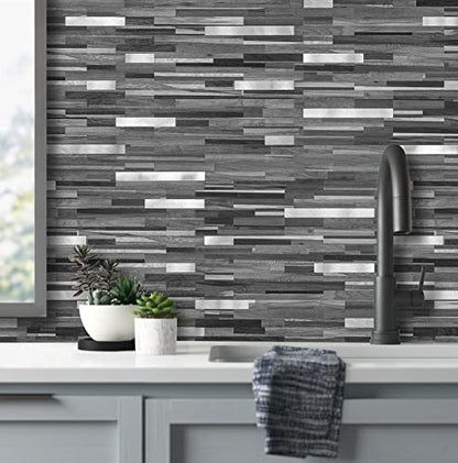 AULIGET 20 Sheets Peel and Stick Backsplash, Black & Grey Wood Look PVC Mixed Metal Stick on Backsplash Tiles for Kitchen - color: Black Grey Wood + Metal Silver, size: 20 Sheets, 6"x12"x0.12"