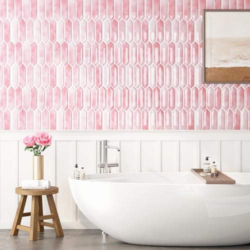 FunStick 15-Pack Light Pink Peel and Stick Backsplash Pink Hexagon Kitchen Backsplash Tiles Peel and Stick on Backsplashes Tiles for Kitchen Bathroom Self Adhesive Wall Tile Stickers Removable 12"x12" - color: Light Pink, size: Box of 15 Tiles