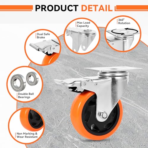 W B D WEIBIDA 4 Inch Swivel Casters with Brake Set of 4 Heavy Duty of 1200 lbs, Safety Dual Locking Plate Castors, No Noise Wheels for Furniture, Workbench and Carts(Nuts & Bolts & 2 Spanners) - size: 4 INCH