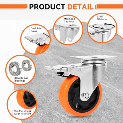 W B D WEIBIDA 4 Inch Swivel Casters with Brake Set of 4 Heavy Duty of 1200 lbs, Safety Dual Locking Plate Castors, No Noise Wheels for Furniture, Workbench and Carts(Nuts & Bolts & 2 Spanners) - size: 4 INCH