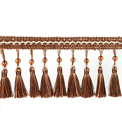 6.5 Yard Beads Tassel Handmade Fringe Trim Ribbon Trimming, 11Cm/4.3Inch Diameter Hand Knitting Tassel Fringing Trimmings for Decor, DIY - color: mix dark coffee