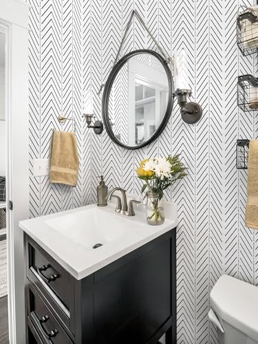 Black and White Wallpaper Striped Contact Paper Modern Wall Paper Peel and Stick Herringbone Renter Friendly Self-Adhesive Waterproof Removable Bathroom Bedroom Vinyl 17.3" x 78.7" - color: White and Black, size: 17.3" x 78.7"