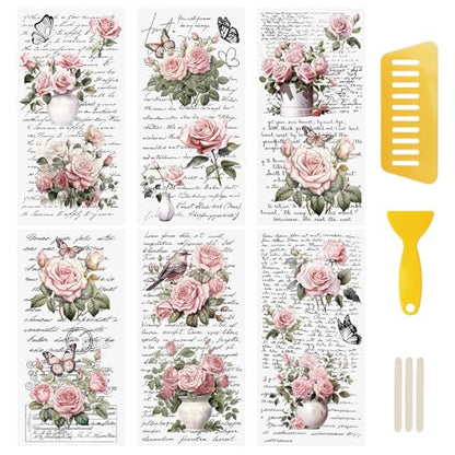 WANDIC Retro Rub On Transfer Stickers, 6 Sheets Pink Retro Flowers Rub on Decals Rose Stickers with Letters Waterproof Furniture Stickers for DIY Home Scrapbooking Windows Crafts,12 * 6in - color: Pink Flower, size: 6 Sheets