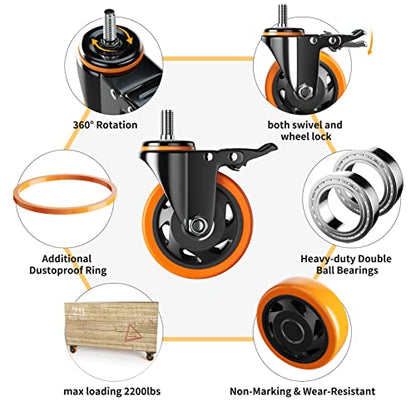 4 Inch Caster Wheels 1/2"-13x1 Threaded Stem Casters Set of 4 Heavy Duty - color: Orange, size: 4in(1/2"-13)