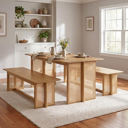 Mid-Century 3-Piece Dining Set with 2 Benches, 71 Inch, Natural - color: Natural
