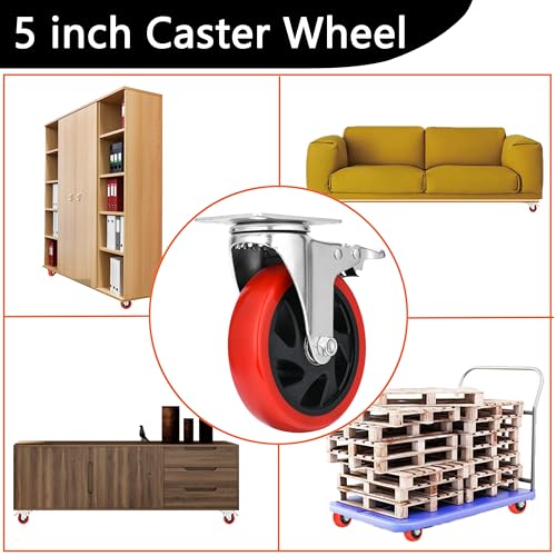 5 Inch Casters Set of 4 Heavy Duty, Lockable Bearing Plate Caster Wheels with Brakes, Swivel Casters No Noise 360-degree with Polyurethane Wheels for Cart, Furniture,Workbench,Cabinet