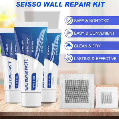 SEISSO Drywall Repair Kit, Wall Mending Agent*3(100g), Wall Patch*4, Scraper and Sandpaper*2, Wall Repair Paste Kit for Wall Cracks, Graffiti, Whitewall Hole Filler and Plaster Dent Repair - style: 3pcs wall paste