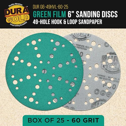 Dura-Gold 60 Grit 6" Green Film Sanding Discs, 49-Hole Pattern, Box of 50 - style: 60 Grit