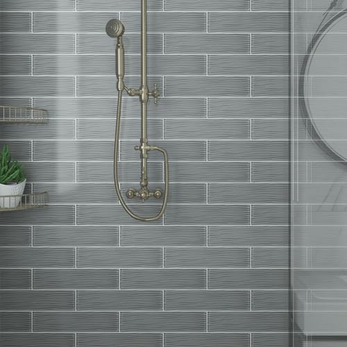 Lovdeco Grey Water Wave Glass Subway Tile, Glass for Bathroom Kitchen Backsplash Wall, 3 x 12 Inch, 4 Sq.Ft. - color: Gray, size: 3 x 12 Inch