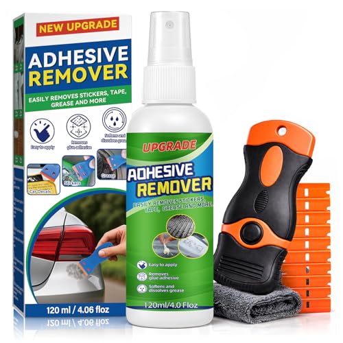 Adhesive Remover Spray Kit, 4 fl oz Sticker Remover for Labels, Glue, Residue, Tape, Decals, Fast Acting Glue Remover Includes Scraper and 10 Extra Plastic Razor Blades for Home, Car, Glass, Metal