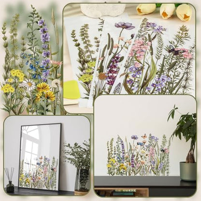 WANDIC 3 Sheets Rub On Transfer Stickers, Wild Flowers and Plants Pattern Waterproof Decals Furniture Craft Embellishments for DIY Scrapbooking Photo Albums,15 * 30cm - color: Wild Flower