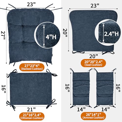 5 PCS Glider Rocker Replacement Cushions with Storage Side Pocket, Luxuriy Chenille Fabric Foam & Microfiber Filling, Thickened & Supportive Rocking Chair Cushion Set, Dark Blue - color: Dark Blue