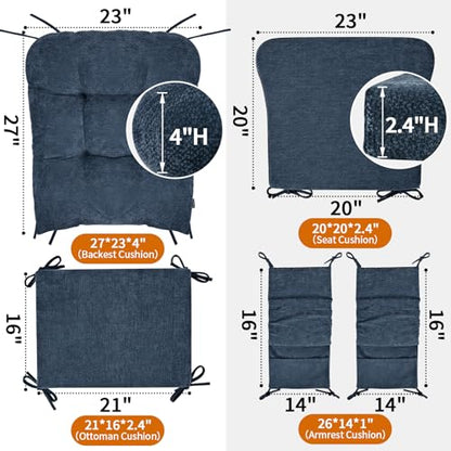 5 PCS Glider Rocker Replacement Cushions with Storage Side Pocket, Luxuriy Chenille Fabric Foam & Microfiber Filling, Thickened & Supportive Rocking Chair Cushion Set, Dark Blue - color: Dark Blue