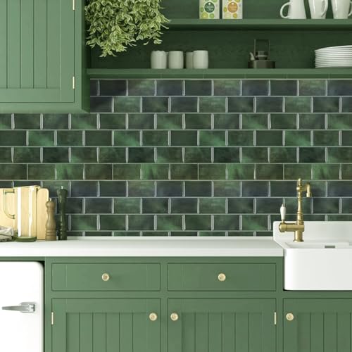 Alwayspon 10 Sheets 12"x6" Emerald Green 3D Vinyl Backsplash Marble Tiles, Self-Adhesive Peel and Stick Wall Tile Stickers Stick on Subway Tiles for Kitchen Bathroom Wall, 623 - color: Green