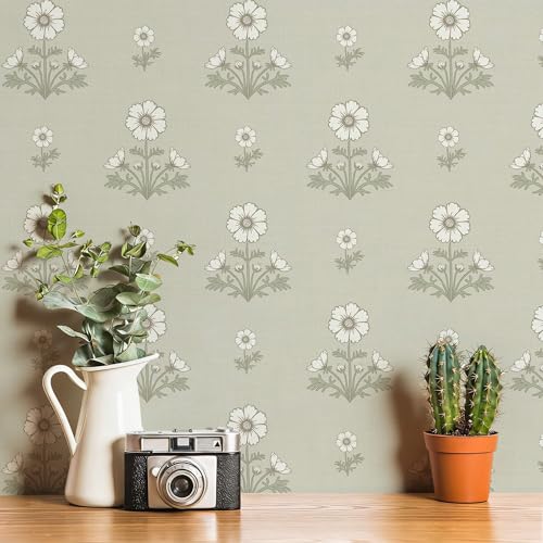 Vintage Floral Wallpaper Floral Peel and Stick Wallpaper for Bathroom 78.7"×17.3" Daisy Wall Paper White and Green Cottagecore Contact Paper for Nursery Kitchen Self-Adhesive Vinyl Waterproof - color: White and Green, size: 17.3" x 78.7"