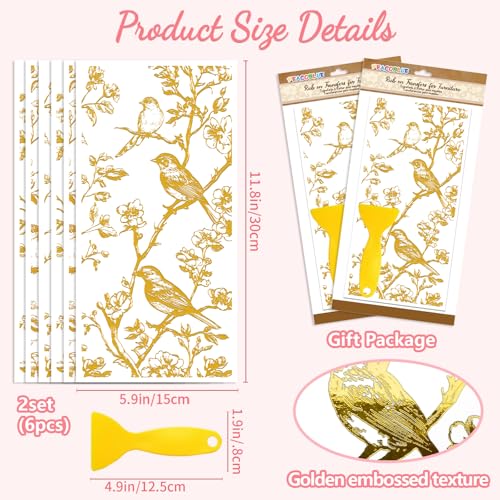 Peacoblue Gold Branches, Birds Rub On Transfers for Furniture 6"x12"
