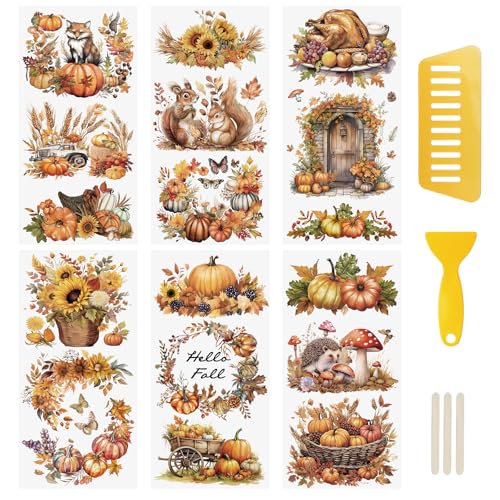 WANDIC 6 Sheets Autumn Theme Rub On Transfer Sticker, Hello Fall Harvest Stickers Transfer Decals for DIY Photo Albums Furniture, 5.9 * 11.8in - color: Autumn Pumpkin