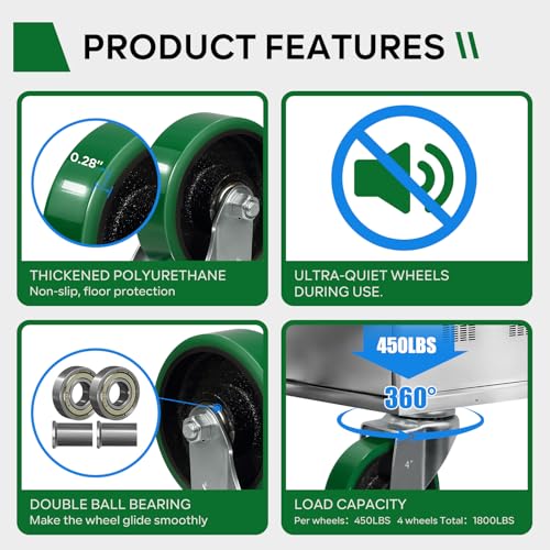 4'' Caster Wheels Heavy Duty Casters, Polyurethane on Cast Iron, Swivel Casters Set of 4 Wheesl for Cart Toolbox, 1800lbs Capacity (2 Swivel & 2 Rigid) - style: 2 Swivel & 2 Rigid