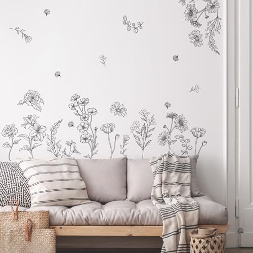 15 Sheets Sketch Wildflower Wall Stickers DIY Garden Floral Decals - color: Black Sketch