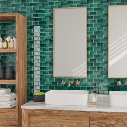 CRE8TIVE 4 Sheets Green Subway Tile Peel and Stick Backsplash for Kitchen Wall 12"x12" 3D Stone Wall Tiles Adhesive Stick on Backsplash Peel and Stick Shower Tile Waterproof for Bathroom Laundry Room - size: 12"x12" (4-Sheets)