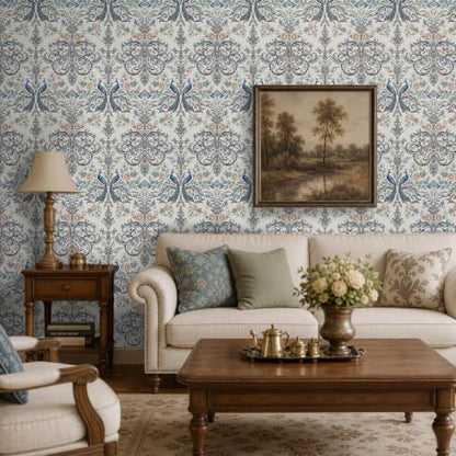 Blue Peacock Damask Peel and Stick Boho Wallpaper 17.5"x 118" - color: Blue, size: 17.5" x 118"