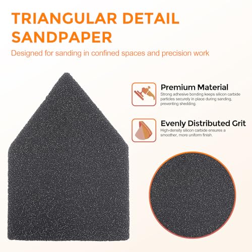 POLIWELL Silicon Carbide Sandpaper 50-Piece Pack 90mm x 65mm 120 Grit Triangle Sanding Sheets with Hook & Loop Fastening Replacement for Milwaukee M12 Orbital Detail Sander Accessories - size: 120 Grit