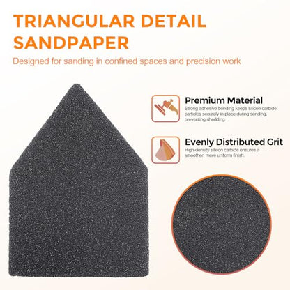 POLIWELL Silicon Carbide Sandpaper 50-Piece Pack 90mm x 65mm 120 Grit Triangle Sanding Sheets with Hook & Loop Fastening Replacement for Milwaukee M12 Orbital Detail Sander Accessories - size: 120 Grit