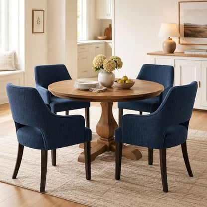 chairus Upholstered Farmhouse Dining Chairs Set of 4, Blue Linen Fabric Dining Room Chairs with Arms, Solid Wood Curved Back Kitchen Accent Side Chairs for Dining Room/Living Room, Blue - color: Blue