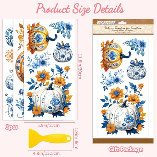 Peacoblue Blue Pumpkin Rub On Transfers for Furniture Craft 6"x12" - style: Blue-Patterned Pumpkin