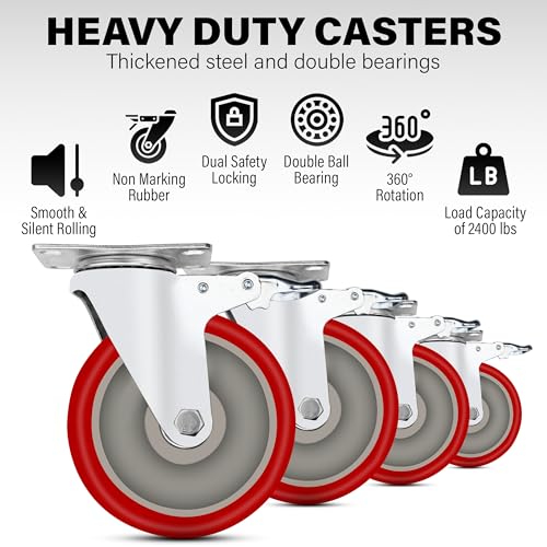 5 Inch Caster Wheels Heavy Duty Casters Set of 4, 2400 LBS Load Capacity - color: Red & Silver, size: 5 Inch