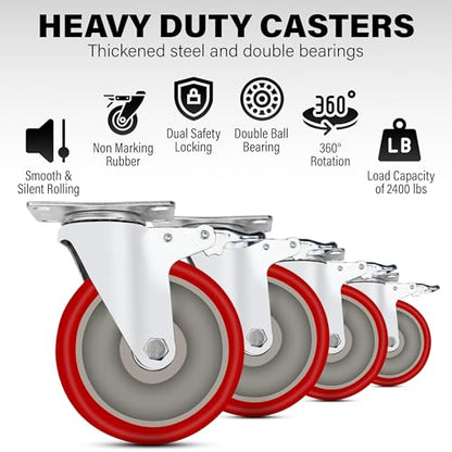 5 Inch Caster Wheels Heavy Duty Casters Set of 4, 2400 LBS Load Capacity - color: Red & Silver, size: 5 Inch