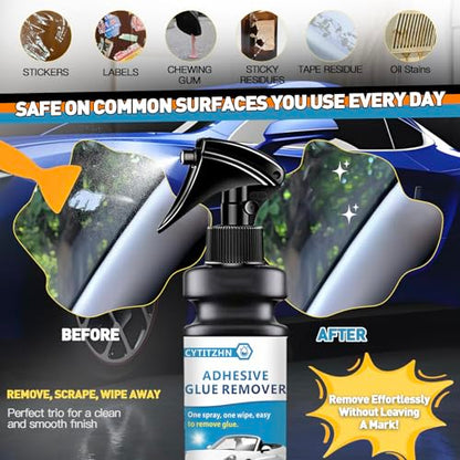 Adhesive Remover, Sticker and Decal Remover Spray, Quickly Removes Glue, Labels and Tape Residue, Safe for Car Paint and Glass, Includes Scraper and Towel, Portable Size-3.4oz/100ml
