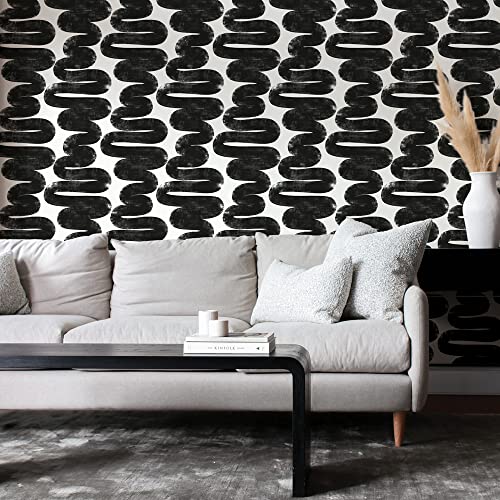 Tempaper x Bobby Berk White & Black Wiggle Room Removable Peel and Stick Wallpaper, 20.5 in X 33 ft, Made in The USA - color: White/Black, size: 20.5" x 396"