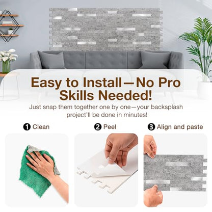 Peel and Stick Backsplash Tile Waterproof Removable PVC Wall Sticker 3D Faux Stone Marble Brick White Accent Panels (Matte Gray Stone - Metal Silver, 40 Tiles - 18 sq. ft. (1.68 m²)) - color: Matte Gray Stone - Metal Silver, size: 40 Tiles - 18 sq. ft. (1