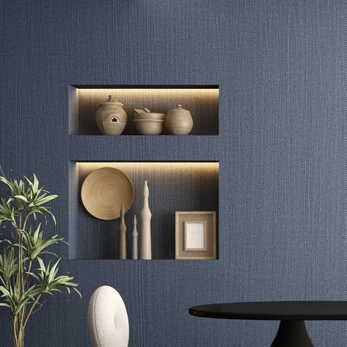 24"x393" Dark Blue Fabric Peel and Stick Linen Textured Wallpaper - color: Dark Blue
