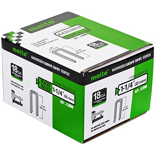 meite 18 Gauge 1/4-Inch Narrow Crown Staples, 1-1/4-Inch Length Heavy Duty Galvanized Upholstery Staples for Electric or Pneumatic Narrow Crown Stapler Guns (4,000 PCS) - size: 1-1/4" Length, style: 1 Box