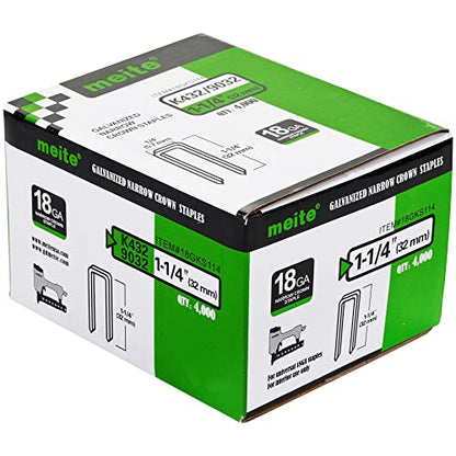 meite 18 Gauge 1/4-Inch Narrow Crown Staples, 1-1/4-Inch Length Heavy Duty Galvanized Upholstery Staples for Electric or Pneumatic Narrow Crown Stapler Guns (4,000 PCS) - size: 1-1/4" Length, style: 1 Box