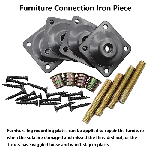 4PCS Leg Mounting Plate,TTZEZE Heavy Duty Top Plate for Leg,Leg Attachment Plate,Industrial Strength T-Plate Leg with Hanger Bolts & Screws for Strengthen Weak Furniture Repair Damaged Sofa Couch Seat - size: Flat