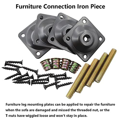 4PCS Leg Mounting Plate,TTZEZE Heavy Duty Top Plate for Leg,Leg Attachment Plate,Industrial Strength T-Plate Leg with Hanger Bolts & Screws for Strengthen Weak Furniture Repair Damaged Sofa Couch Seat - size: Flat