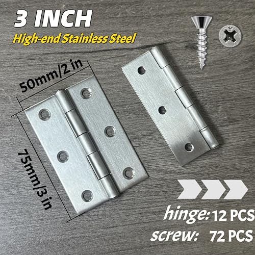 12 PCS 3 inch Stainless Steel Butt Door Hinges with Screws, Brushed/Satin Finish, 1.3mm Thick Small Cabinet & Box Hinges, Silver - color: Silver, size: 3IN-12PCS