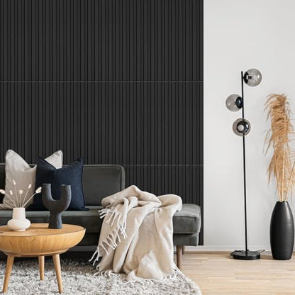 STICKGOO 3D Slat Wall Panels, PVC Fluted Wall Decor, 12 Tiles, Black - color: Black