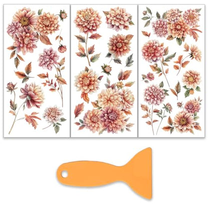 OLYCRAFT 3pcs/Set Dahlia Rub on Transfers for Crafts and Furniture 6x12 Inch Chrysanthemum Furniture Decals Transfer Stickers Rub on Decal with 1pc Scraper for Wood Furniture Home Decor - style: Dahlia