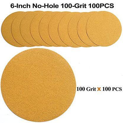 6-Inch No-Hole Hook and Loop Gold Sanding Discs 100-Grit, 100-Pack