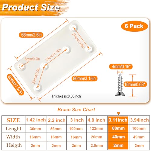 8 Pack White Mending Plates 3.11" x 1.57" x 0.08 inch Flat Brackets - size: 3.11 x 1.57 x 0.08 inch/80 x 40 x 2 mm