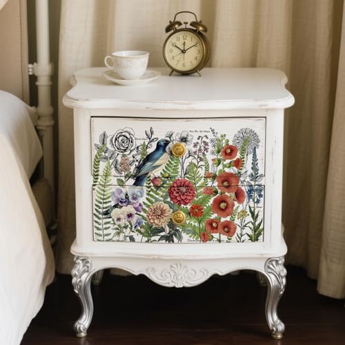 Peacoblue Bird Flower Bush Rub On Transfers for Furniture 6"x12" - style: Vintage Bird and Flower Bush
